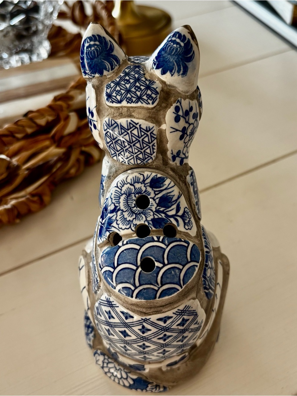 Vintage Nancy Lopez 1981 Delft Blue White Cat Flower Frog Vase Japan - Picture 2 of 10